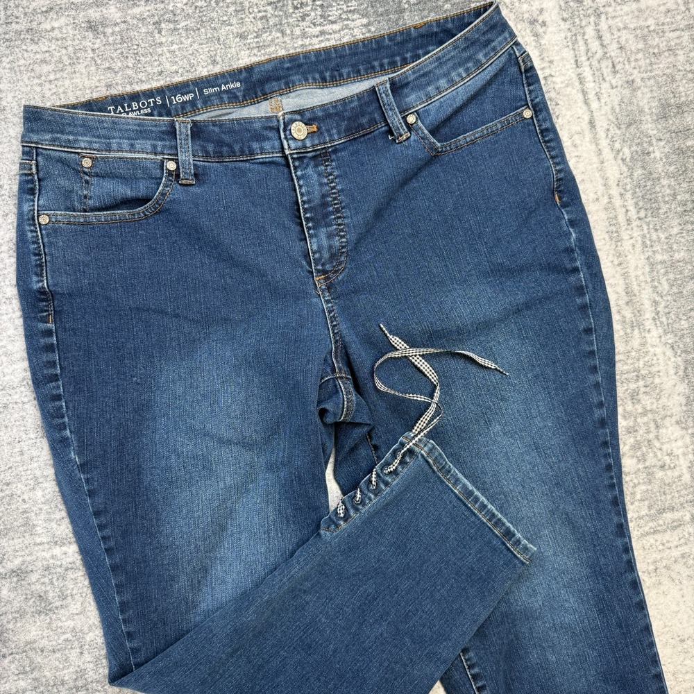 Talbots Jeans 16W Petite Flawless Slim Ankle Gingham Lace Up Detail Stretch Blue